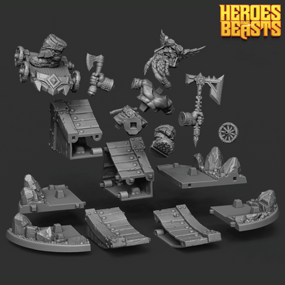 Collection of miniature game pieces with 'Heroes & Beasts' logo on a dark background