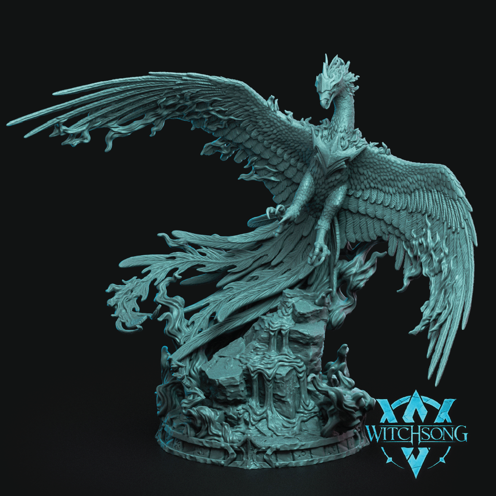 A fantasy bird-like statue or miniature with large spread wings, standing on a detailed rocky base, shown against a black background. A Witchsong logo appears in the lower right corner.