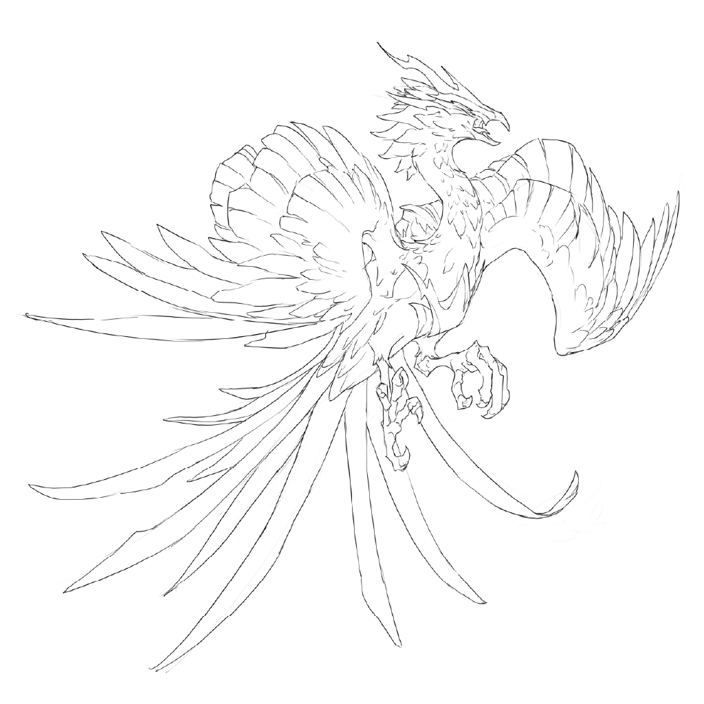 Black and white line art sketch of a majestic phoenix bird, shown in profile with wings spread wide, on a solid white background.
