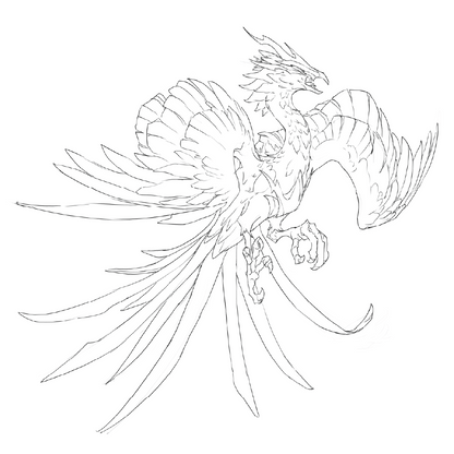 Black and white line art sketch of a majestic phoenix bird, shown in profile with wings spread wide, on a solid white background.