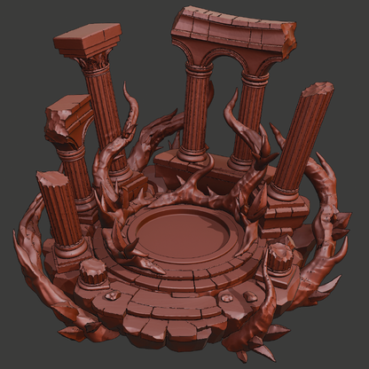 A 3D digital render of an ancient, ruined stone platform featuring multiple broken columns, a circular stone base, and gnarled thorny vines wrapping around the structure, shown against a solid dark gray background.