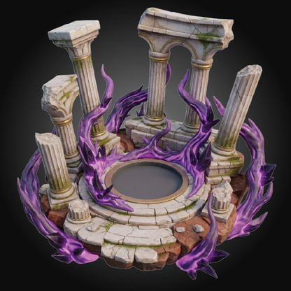 A fantasy stone ruins set featuring white and gray columns, a circular stone platform, and glowing purple magical energy swirling around the center, shown on a dark gradient background.