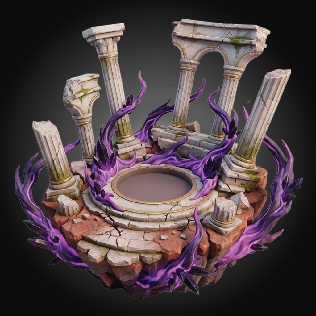 A fantasy ruins model featuring white stone pillars, arches, and a circular platform, surrounded by glowing purple magical energy and cracked reddish-brown stone fragments, shown on a dark gradient background.