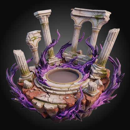 A fantasy ruins model featuring white stone pillars, arches, and a circular platform, surrounded by glowing purple magical energy and cracked reddish-brown stone fragments, shown on a dark gradient background.