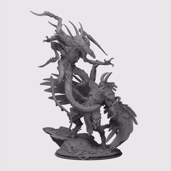 3D 360-degree render of a diorama of the Red Prince fighting with the Beast of the Change on a rocky platform