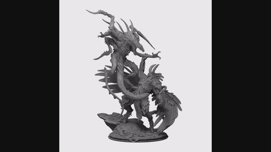 3D 360-degree render of a diorama of the Red Prince fighting with the Beast of the Change on a rocky platform