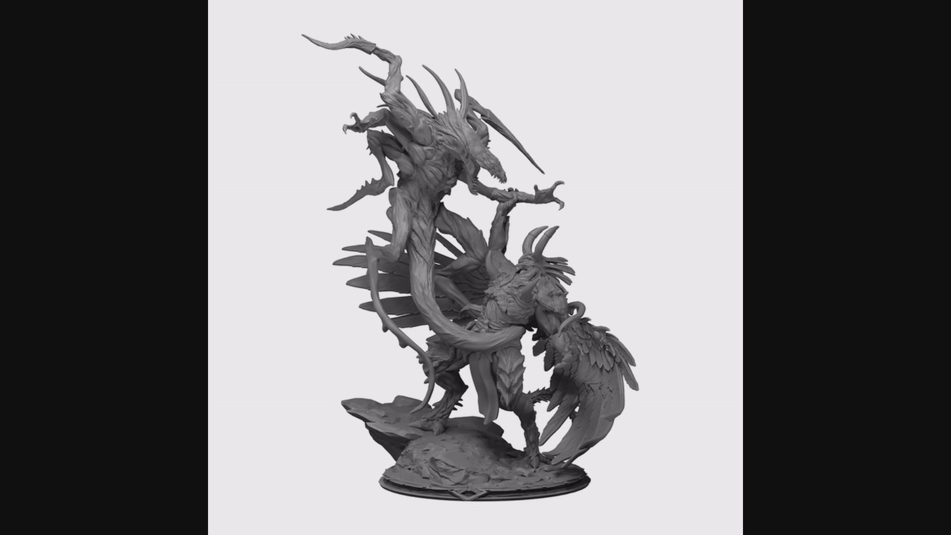 3D 360-degree render of a diorama of the Red Prince fighting with the Beast of the Change on a rocky platform