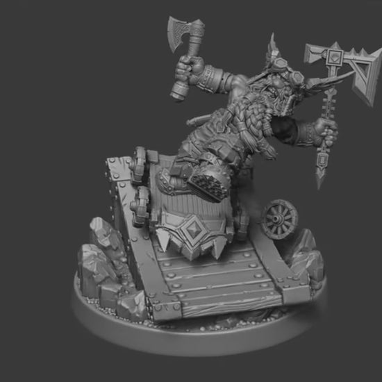 360 view of a dwarf berserker on a ramp leaping into battle wielding axes