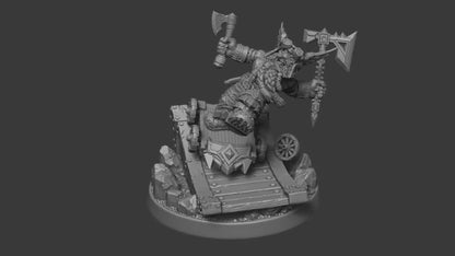 360 view of a dwarf berserker on a ramp leaping into battle wielding axes