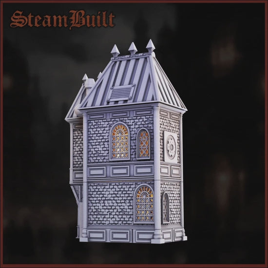 3D 360 render of a steampunk Victorian building meant for tabletop gaming terrain