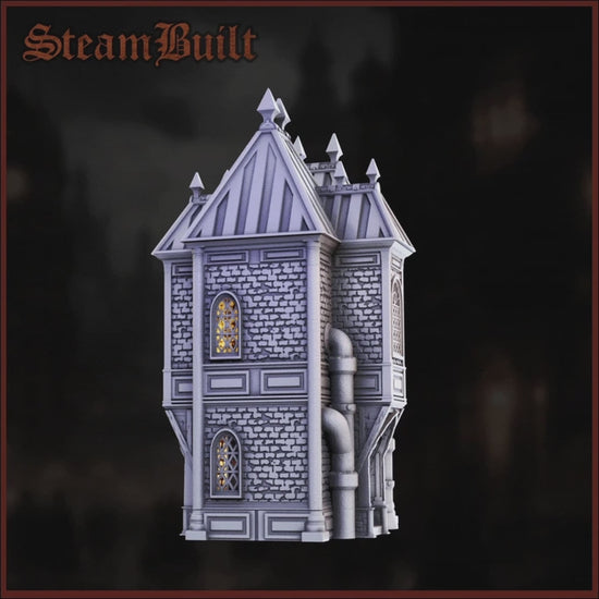 3D 360 render of a steampunk Victorian building meant for tabletop gaming terrain