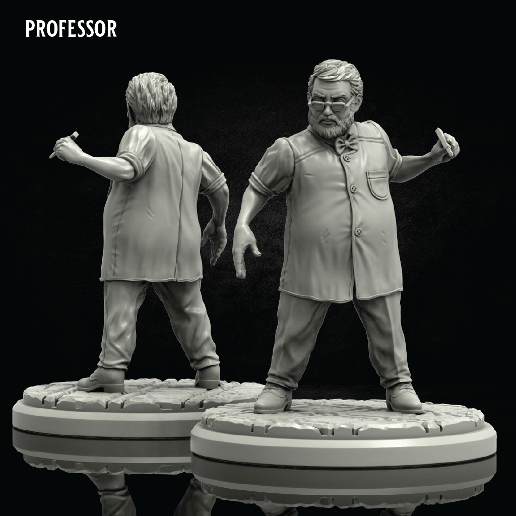Two unpainted 3D-printable miniature figurines of a professor, shown from the back and front, on a black reflective background. The text 'PROFESSOR' is visible in the top left corner.