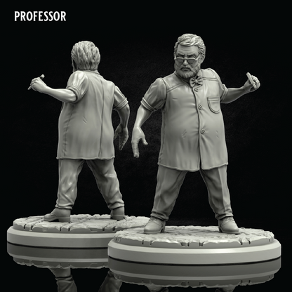 Two unpainted 3D-printable miniature figurines of a professor, shown from the back and front, on a black reflective background. The text 'PROFESSOR' is visible in the top left corner.