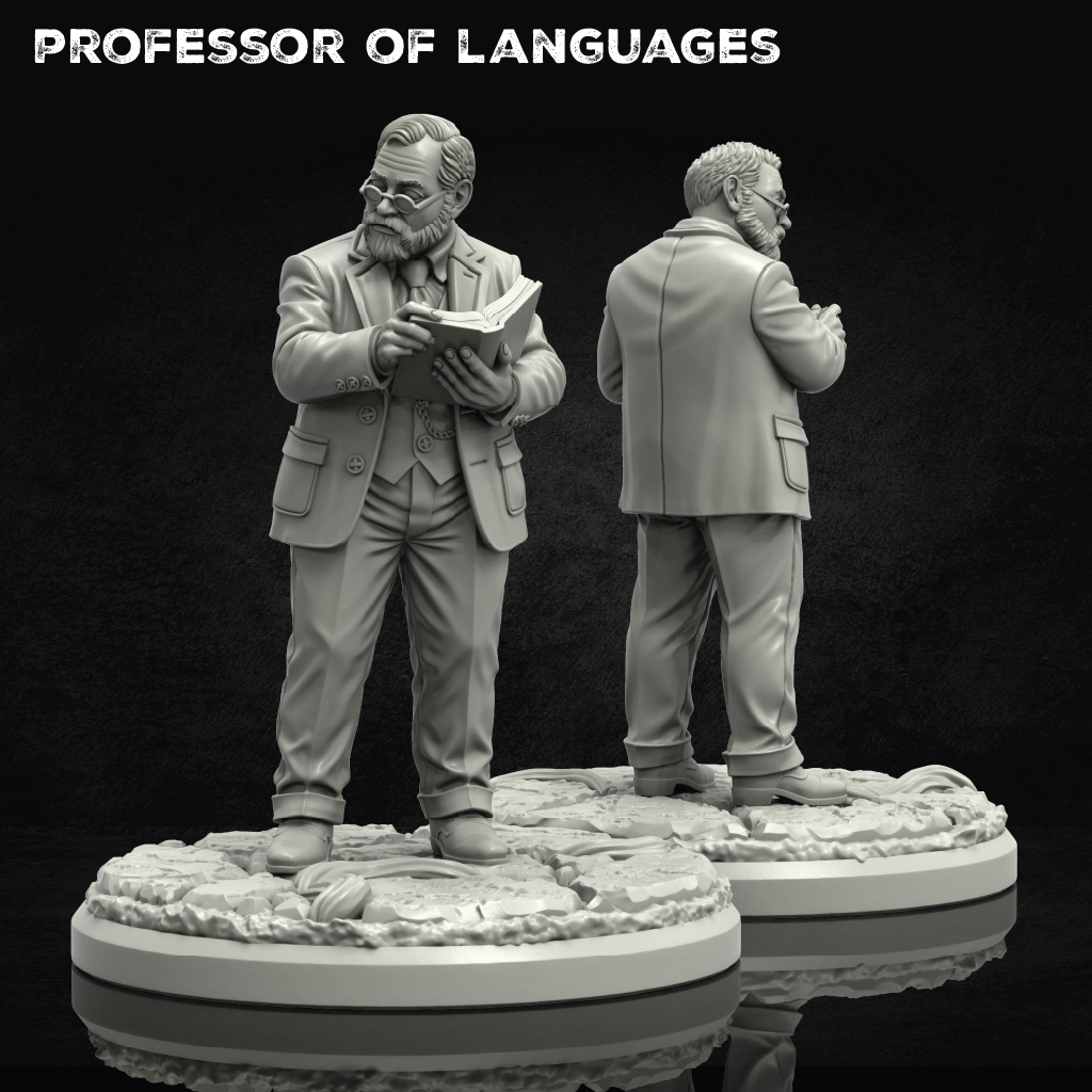 Gray unpainted resin miniature figurine of a bearded professor in a suit, shown from both front and back views on a textured circular base against a black background, with the text 'PROFESSOR OF LANGUAGES' at the top.