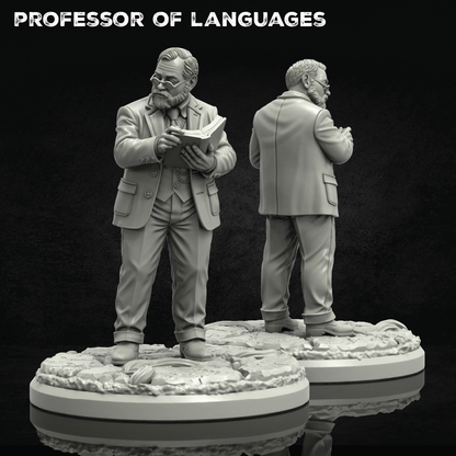 Gray unpainted resin miniature figurine of a bearded professor in a suit, shown from both front and back views on a textured circular base against a black background, with the text 'PROFESSOR OF LANGUAGES' at the top.