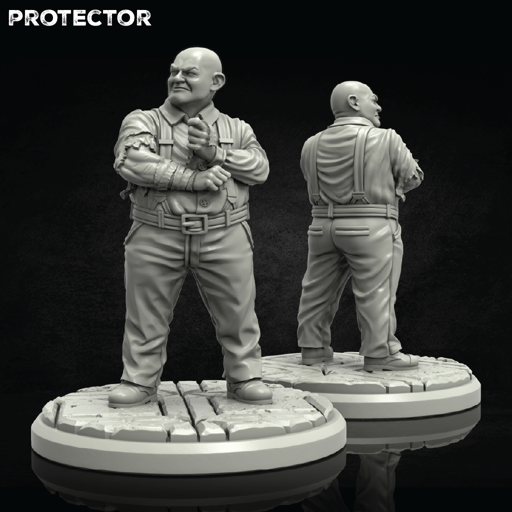 Gray resin figure of a character on a reflective surface with 'PROTECTOR' branding.
