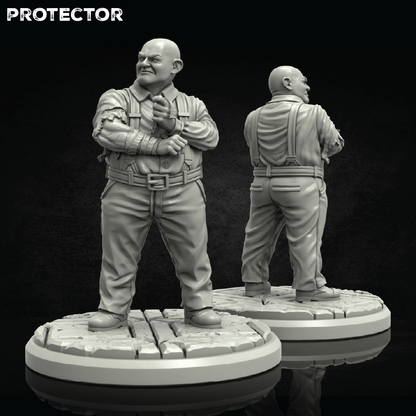 Gray resin figure of a character on a reflective surface with 'PROTECTOR' branding.