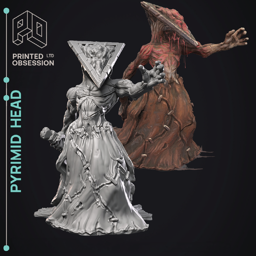 Two pyramid-headed figures with 'Printed Obsession' branding on a black background.