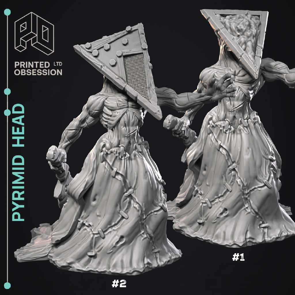 Two pyramid-headed figure sculptures with 'Printed Obsession' branding on a black background.