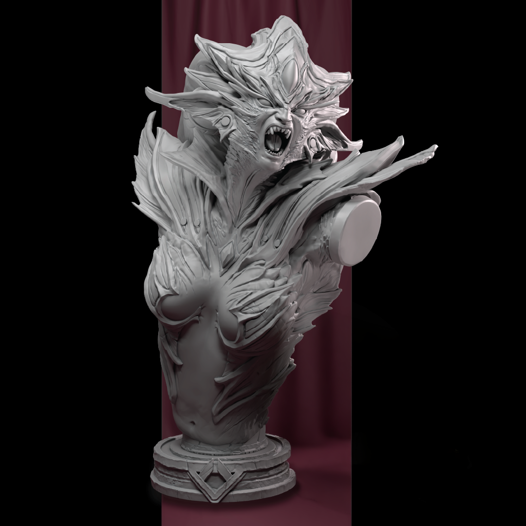 Detailed dragon sculpture on a stand against a dark background