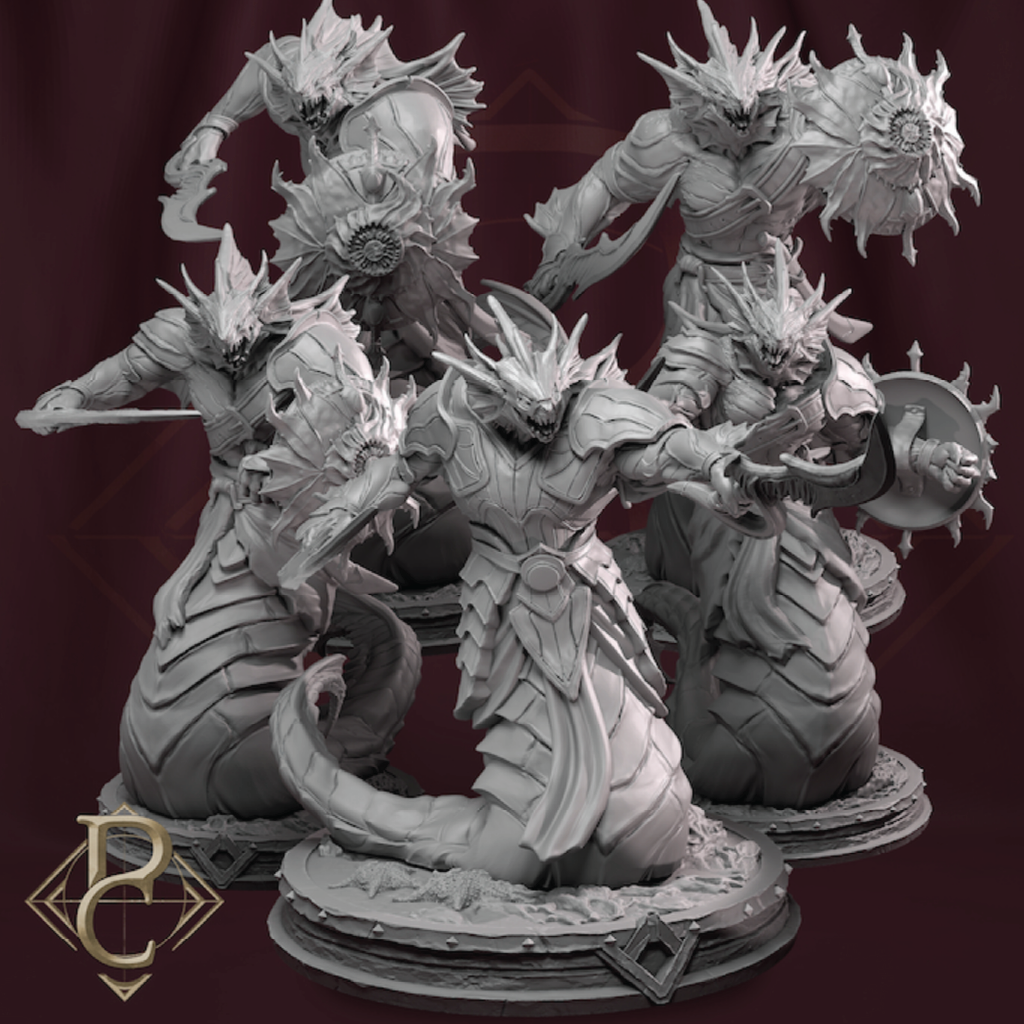 Gray fantasy dragon-like creature with detailed armor and weapons on a dark background