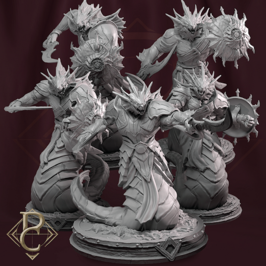 Gray fantasy dragon-like creature with detailed armor and weapons on a dark background