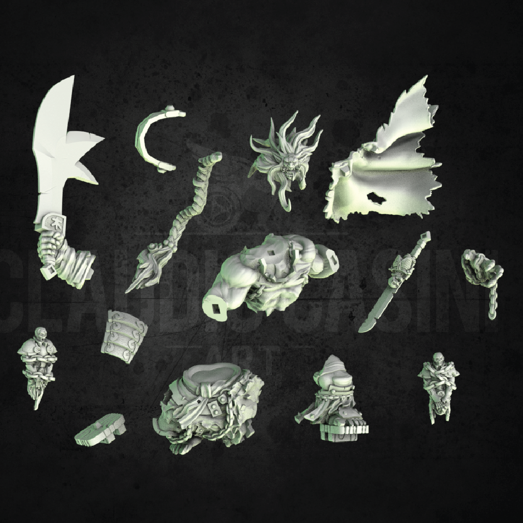 Collection of green fantasy figurines and weapons on a black background