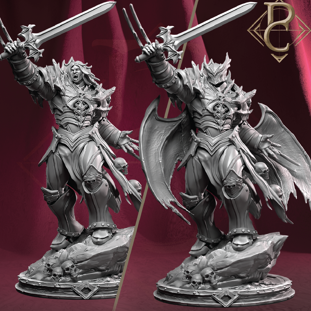 A monochrome fantasy warrior miniature figurine shown from two angles against a dark red draped background. The figure is heavily armored, holds two swords, and stands on a rocky base with skulls.