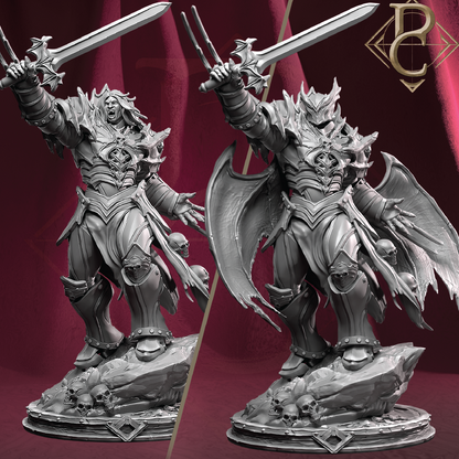 A monochrome fantasy warrior miniature figurine shown from two angles against a dark red draped background. The figure is heavily armored, holds two swords, and stands on a rocky base with skulls.