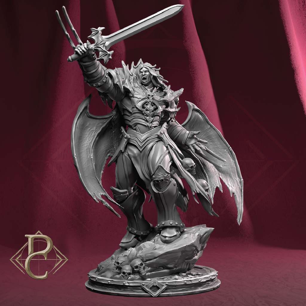 An unpainted gray fantasy miniature figurine of a winged warrior holding a sword aloft, standing on a rocky base against a dark red draped backdrop. A stylized gold 'B' logo is visible in the bottom-left corner.