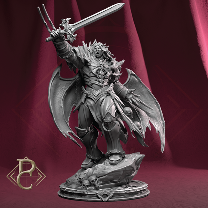 An unpainted gray fantasy miniature figurine of a winged warrior holding a sword aloft, standing on a rocky base against a dark red draped backdrop. A stylized gold 'B' logo is visible in the bottom-left corner.