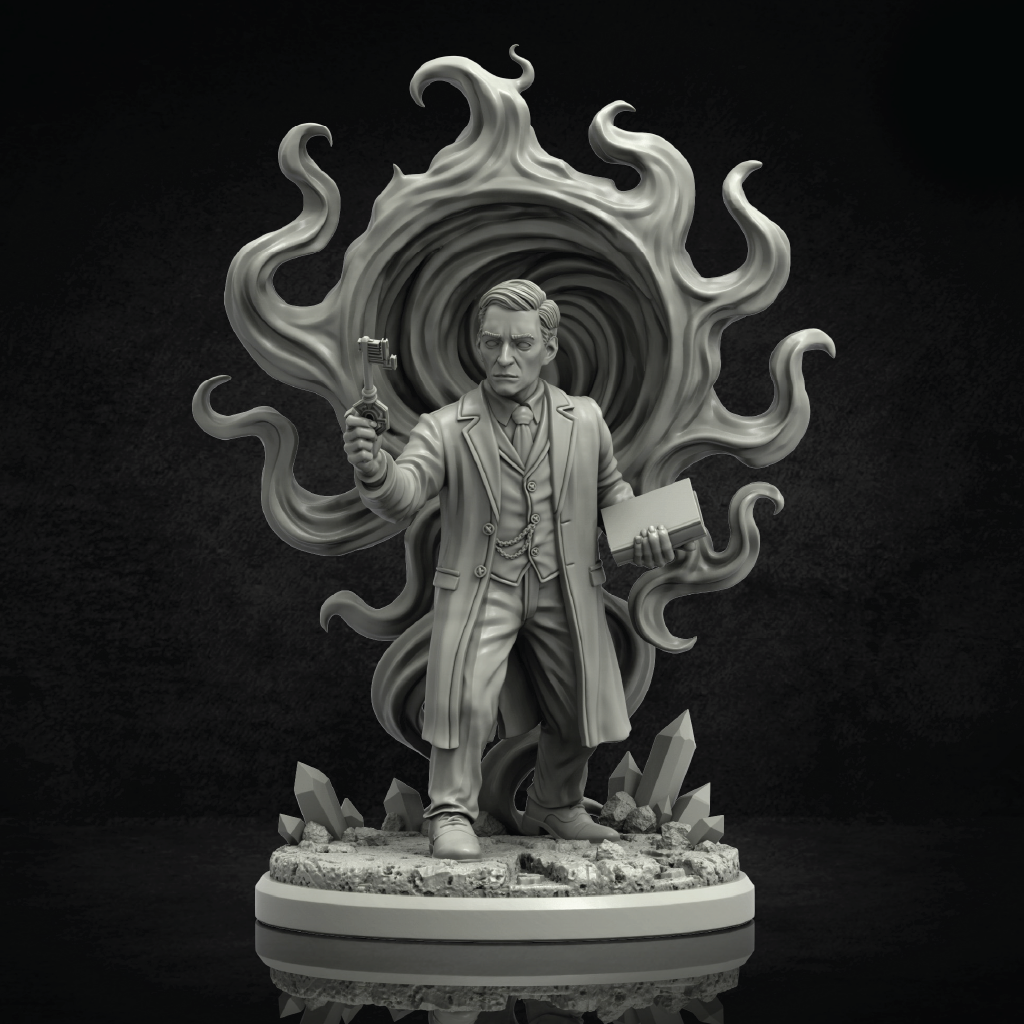 A monochrome fantasy figurine of a man in a long coat standing on a rocky base, holding a small object in one hand and a rectangular item in the other, with swirling flame-like forms and crystals behind him on a dark background.