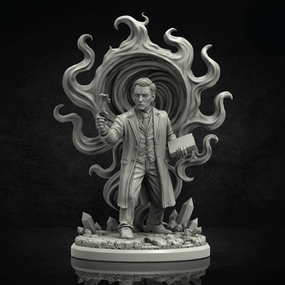 A monochrome fantasy figurine of a man in a long coat standing on a rocky base, holding a small object in one hand and a rectangular item in the other, with swirling flame-like forms and crystals behind him on a dark background.