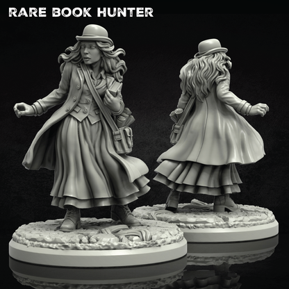 Two unpainted tabletop gaming miniatures of a woman in a long coat and hat, shown from front and back angles on round bases against a black background, with the text 'RARE BOOK HUNTER' at the top.
