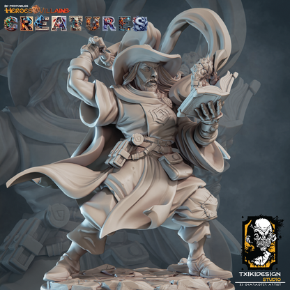 Statue of a warrior holding a sword with 'Heroes & Villains Creatures' branding.