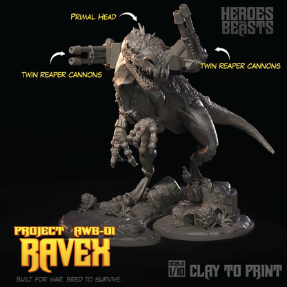 A 1/10 scale clay model of the Ravex Primal Head from Project AWB-OI, shown with annotated callouts for its 'Primal Head' and 'Twin Reaper Cannons' features against a black background.