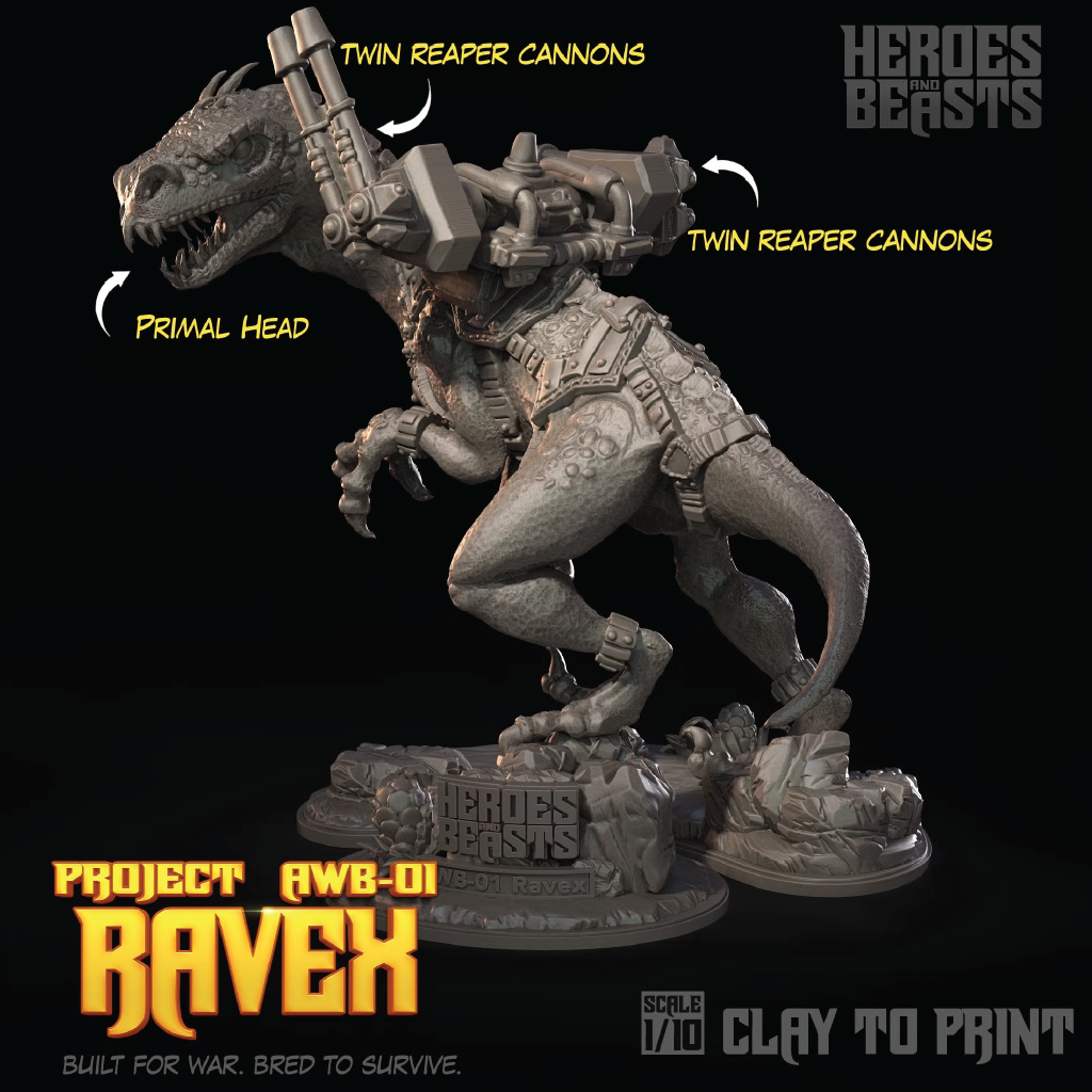 A 1:10 scale clay model of the Ravex from Project AWB-OI, shown with annotated callouts for its twin reaper cannons and primal head, on a black background with Heroes Beasts branding.