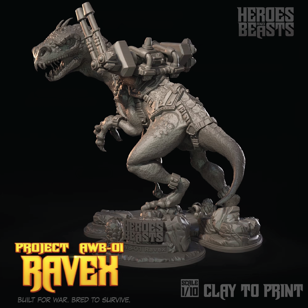 A 1:10 scale unpainted grey resin miniature of the character Ravex from Heroes Beasts, shown on a black background with promotional text overlays.