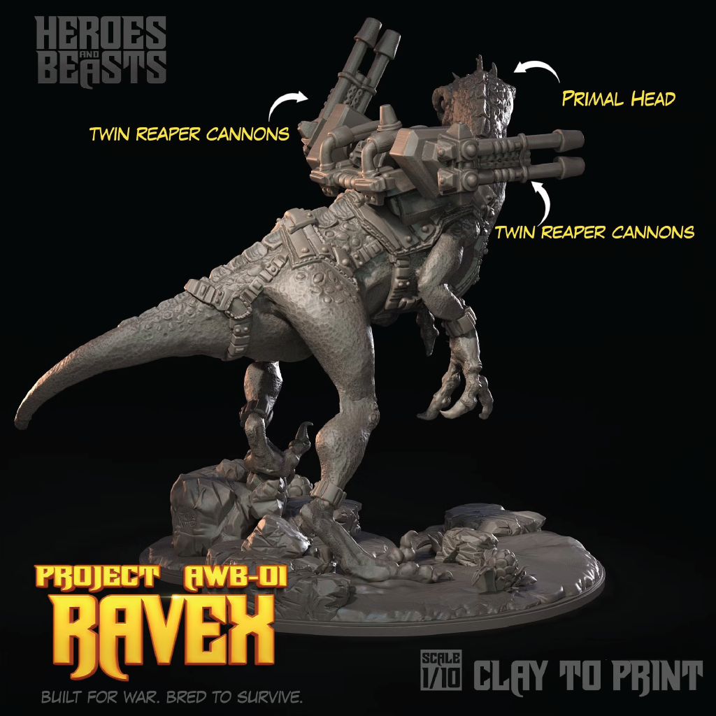 A 1:10 scale clay model of the Ravex from Heroes Beasts, shown in a dynamic stance with its twin reaper cannons mounted on its back. The image features informative text callouts and branding on a solid black background.