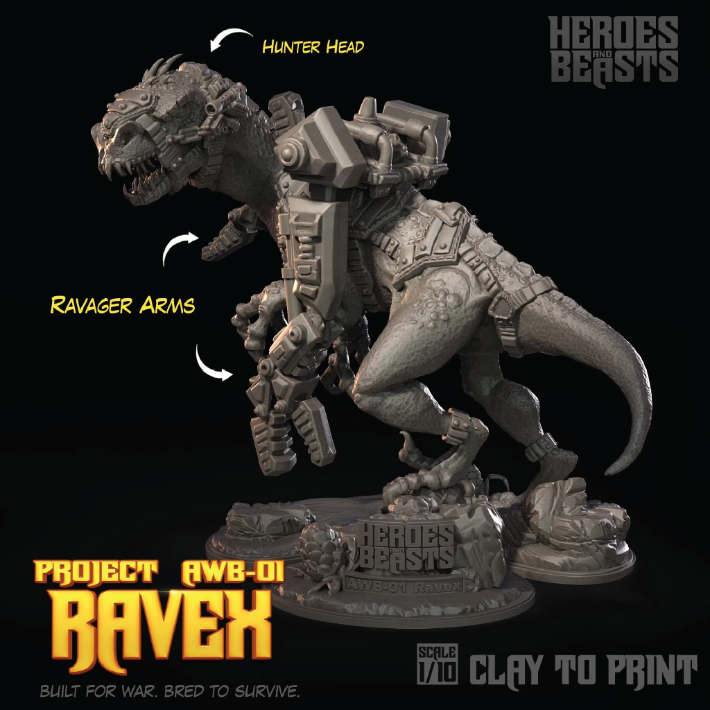 A 1/10 scale clay model of the Ravex from Heroes Beasts, shown as an unpainted gray resin statue with annotated features like 'Hunter Head' and 'Ravager Arms' on a black background.