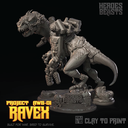 A 1/10 scale clay model of the Ravex from Heroes Beasts, shown in an unpainted gray resin. The model features a highly detailed mechanical theropod design with armor plating and weapon attachments, standing on a branded display base against a solid black background.