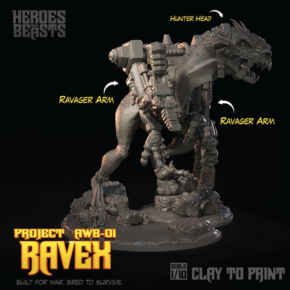 A 1/10 scale clay model of the Ravex from Heroes Beasts, labeled with callouts for the 'Hunter Head', 'Ravager Arm', and 'Ravager Arm' (right side), on a black background with product branding.