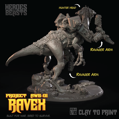A 1:10 scale clay model of the Ravex from Project AWB-OI Heroes Beasts, shown on a black background with yellow text labels pointing to its features: Hunter Head, Ravager Arm, and Ravager Arm.