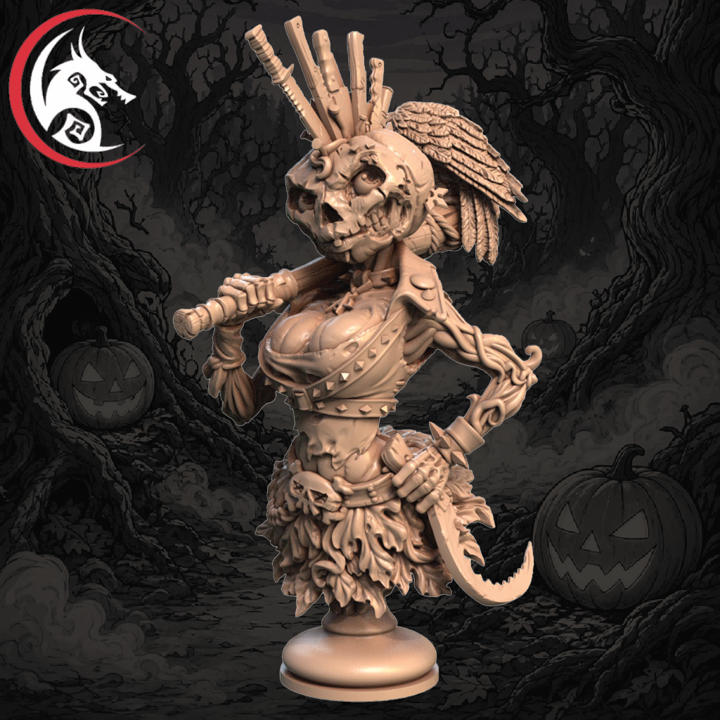 A 3D-rendered fantasy miniature of a skeletal warrior female figure on a round base, shown against a dark spooky forest background with jack-o'-lanterns. A red and black dragon-head logo appears in the top-left corner.
