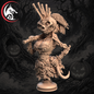 A 3D-rendered fantasy miniature of a skeletal warrior female figure on a round base, shown against a dark spooky forest background with jack-o'-lanterns. A red and black dragon-head logo appears in the top-left corner.