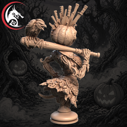 A fantasy tabletop miniature of a skeletal raven-like creature holding a baseball bat and standing on a pumpkin-shaped head, shown against a dark illustrated forest background with jack-o'-lanterns. A dragon-head logo appears in the top-left corner.