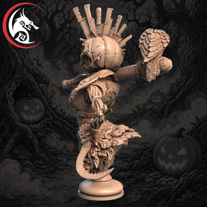 A 3D-rendered unpainted fantasy miniature of a skeletal warrior holding a mace, shown against a dark Halloween-themed forest background with jack-o'-lanterns. A red and black dragon-head logo appears in the top-left corner.