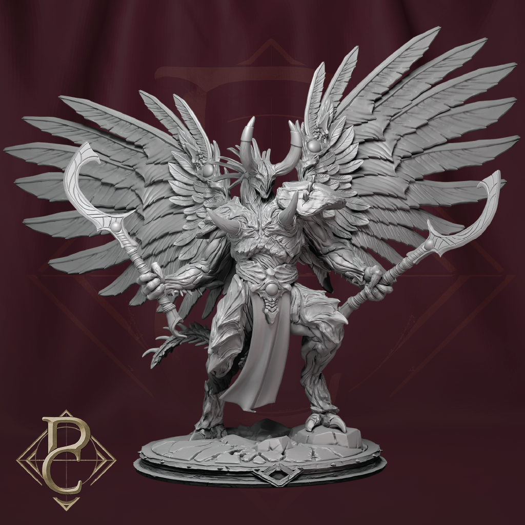 Metallic figurine of a winged creature with a spear on a dark background
