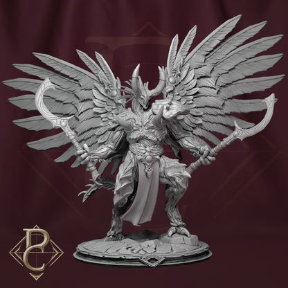 Metallic figurine of a winged creature with a spear on a dark background