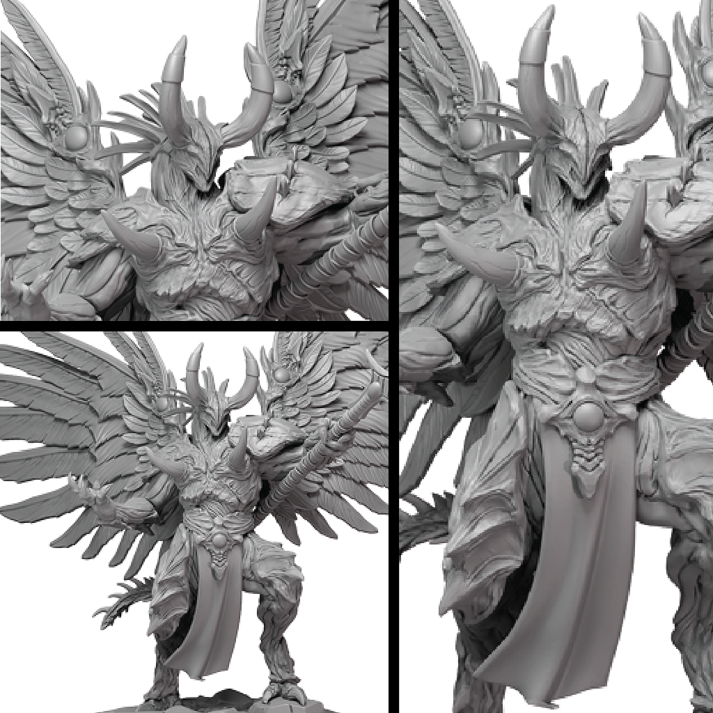 Close-up of a detailed fantasy creature model with wings and armor.